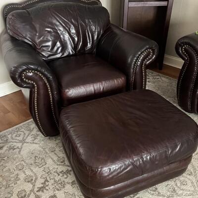 Overstuffed Genuine Leather Armchair with Brass Brads