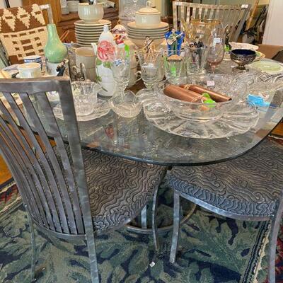 Glass/Iron Dining Room Table with 4 ladder back metal chairs