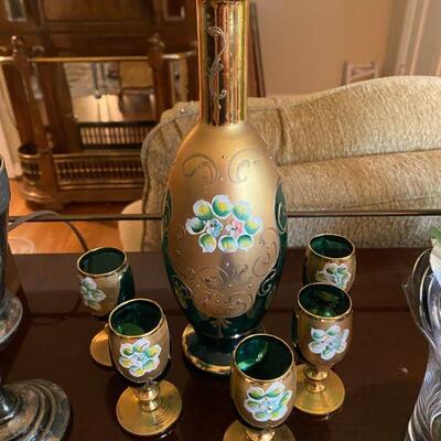 Beautiful Venetian glass hand painted Bohemian Czech decanter with matching Liquor Glasses