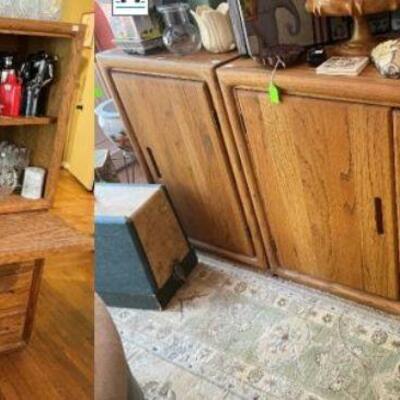 Matching set 1980s oak wood buffet with matching two china cabinets, chest and bookcases in other rooms