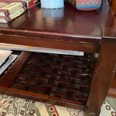 Coffee Table 44 inches square, with leather top and leather and wood laced bottom shelf