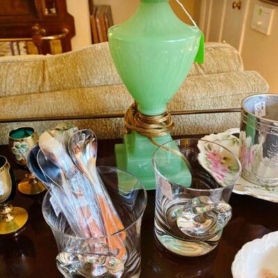 Jade-ite Art Deco Table Lamp and a pair of Rosenthal Rock Glasses