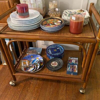 Vintage Bamboo Rolling Cart, Salad Plates from Italy  