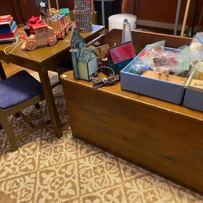 Childs table, chairs and toy chest  