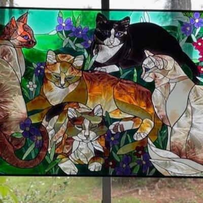 Carol Baker "stained glass" cats panel