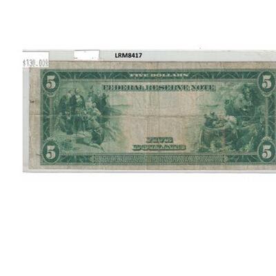 https://www.agesagoestatesales.com/product/lrm8417-us-5-1914-federal-reserve-bank-chicago-large-note-fr-871a/112	LRM8417 US $5 1914...