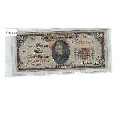 https://www.agesagoestatesales.com/product/lrm8341-us-20-1929-federal-reserve-atlanta-note-w3m/150	LRM8341 US $20 1929 Federal Reserve...