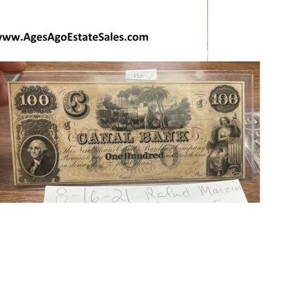 https://www.agesagoestatesales.com/product/lrm8306-100-dollar-canal-bank-new-orleans-bank-note/121	LRM8306 - 100 Dollar Canal Bank New...