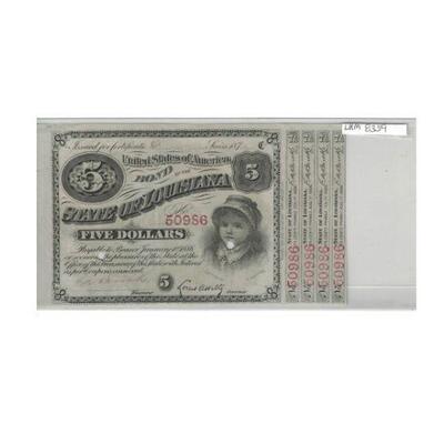 https://www.agesagoestatesales.com/product/lrm8359-1875-louisiana-5-bond-note-w2/157	LRM8359 1875 Louisiana $5 Bond Note W2			 $70.00 

