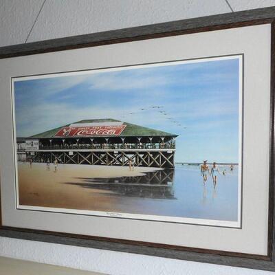 Folly Beach pier signed Jim Harrison print, large, framed.