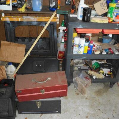 Saw horses, rolling cart, tool boxes