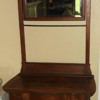 Oak washstand with towel bar & beveled mirror