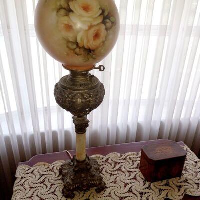 signed bradley and hubbard banquet lamp with signed shade