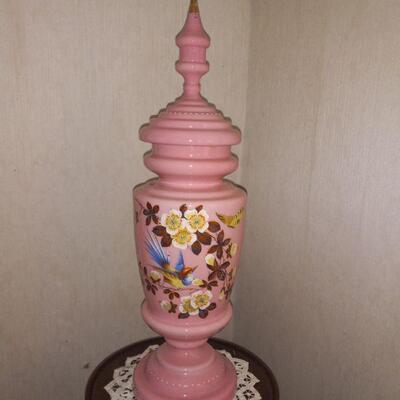 Hand painted covered jar pink.case glass Mt Washington?