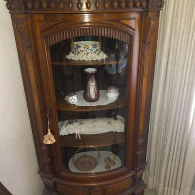 Dainty antique  curved glass cabiney with inlaid draw
