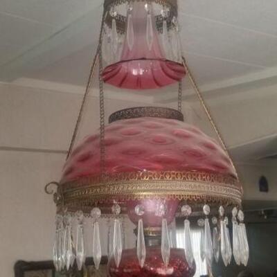 antique coin dot cranberry hanging lamp fab 3 foot drop  TEXT fir appy  626 686 4202