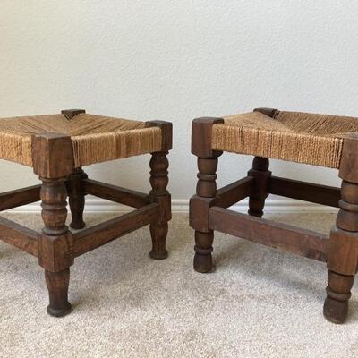 (2) 14in Wood Stools with Rush Tops