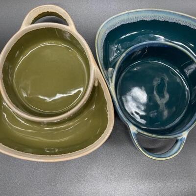 (2) 2-Section Stoneware Pottery 8in Serving Bowls