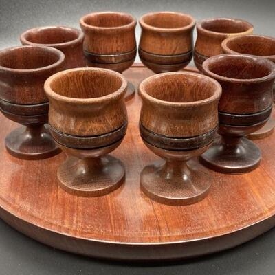 (10) Wooden: 1- Tray & 9- Goblets / Chalices