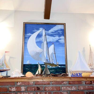Oil painting of a boat in full sail, models & shells