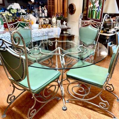 Vintage wrought iron glass top table * 4 chairs 