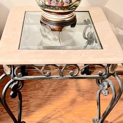 Pair of travertine & wrought iron end tables