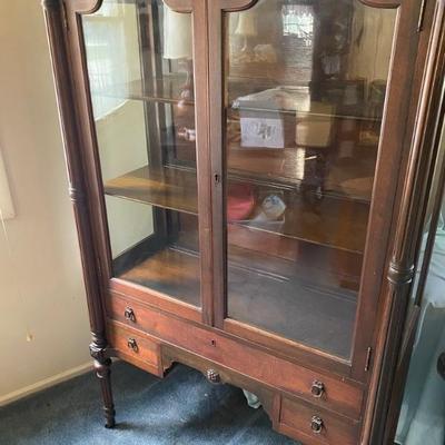 Antique Mahogany Curio Cabinet with Linen Drawer, Skelton Keys Lock