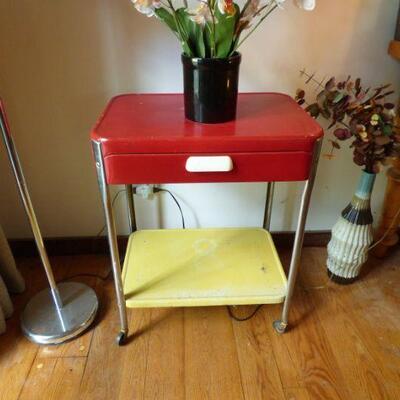 Vintage Red & Yellow Enameled Metal & Chrome Single Drawer Cart