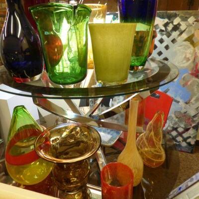 Midcentury Modern Chrome Tripod Base Glass Top Table, Art Glass