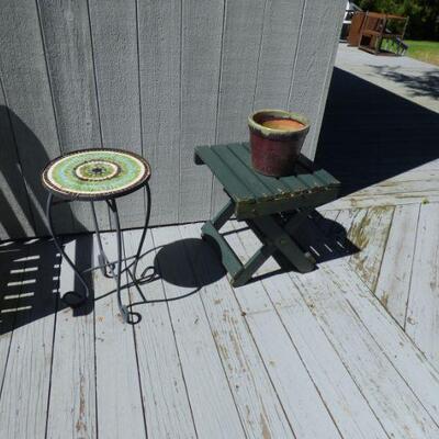 Patio Tile Top Accent Table, Wooden Slat Accent Table, Glazed Ceramic Planter