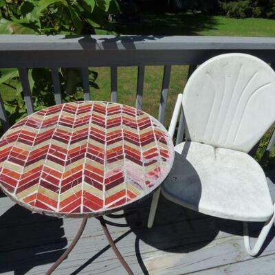 Vintage Tile Top Chevron Pattern Patio Table, Vintage Midcentury Modern White Painted Metal Outdoor Chair