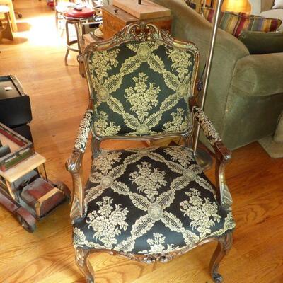 Louis XV Chair w/ Black & Tan Damask Upholstery