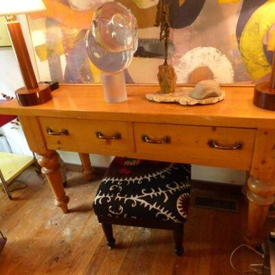Solid Antique Pine Workbench or Console Table w/ Two Drawers