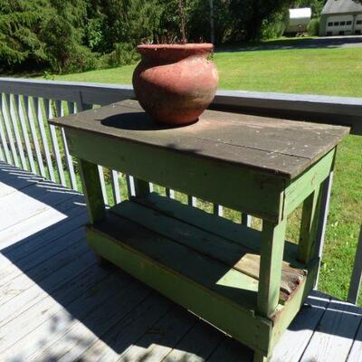 Rustic Wooden Table w/ Green Painted Base, Terracotta Urn Planter
