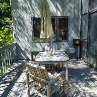 Teak Dining Table w/ Umbrella & Two Chairs 