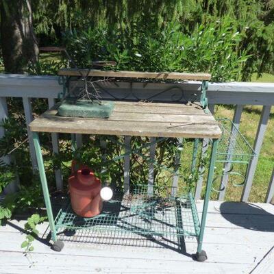 Wood Board & Green Metal Garden Cart or Plant Stand