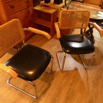 Modernist Blonde Caning & Black Leather Cantilevered Chairs with Metal Bases