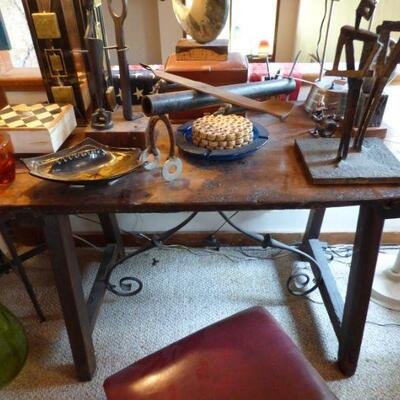 Antique Distressed Wood & Wrought Iron Desk