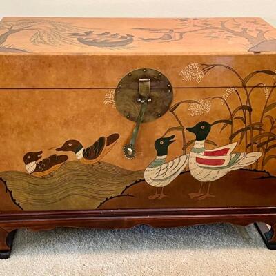 Decorative Asian Trunk in general good condition with light wear including an exterior chip which is pictured. Measures 31.5