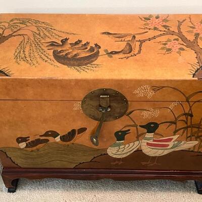 Decorative Asian Trunk in general good condition with light wear including an exterior chip which is pictured. Measures 31.5