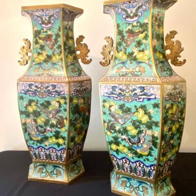 Stunning Pair of Large Vintage Cloisonné Vases with exceptional detailed designs.  Even the interior lip is designed! Each measures 22