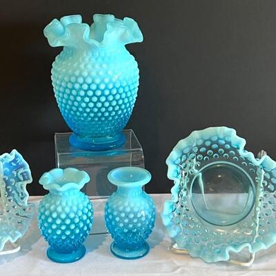 Collection of Beautiful Fenton Hobnail Blue Opalescent Glassware Items. The tallest item in this grouping is 6