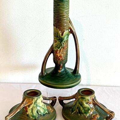 Vintage Roseville Pottery Bushberry Vase and Pair of Candleholders. The vase measures 7.75â€