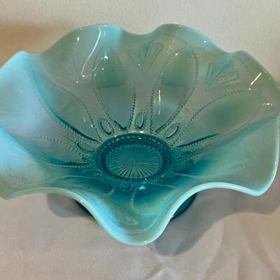 Antique Northwood Blue Opalescent Roulette Footed Bowl in very good condition. A gorgeous shade of blue! 

Measures 8