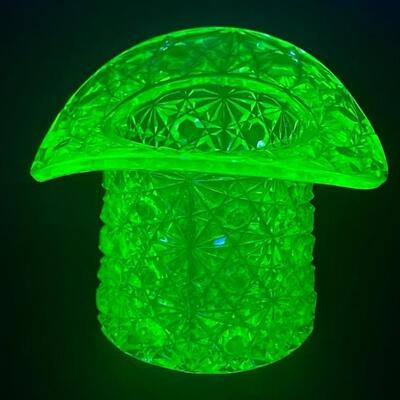 Fenton Colonial Uranium Glass Hat Toothpick Holder measuring about 3.5