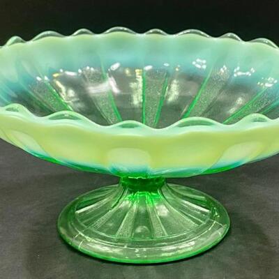 Vintage Depression Opalescent Green Footed Dish measuring 3.5