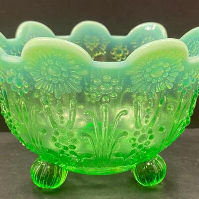Antique Northwood Pearl and Flower Footed Green Opalescent Glass Bowl measuring about 4