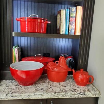 Red mixing bowls, teapot, chicken baker, enameled cast iron dutch oven