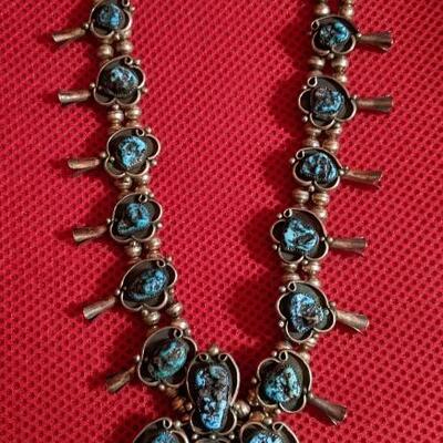 Vintage Native American turquoise squash blossom necklace