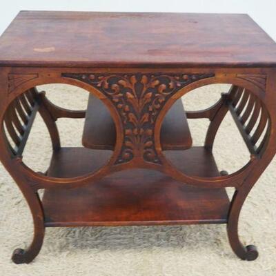 1062	UNUSUAL VICTORIAN LAMP TABLE W/BENT WOOD CIRCULAR STYLE SIDES, CARVED PANELS ON FRONT & BACK IN CHERRY WOOD FINISH, APPROXIMATELY 33...